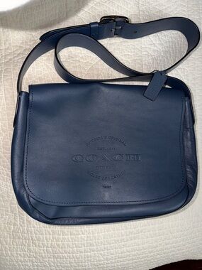 Coach Navy Leather Embossed Logo Crossbody Computer Bag